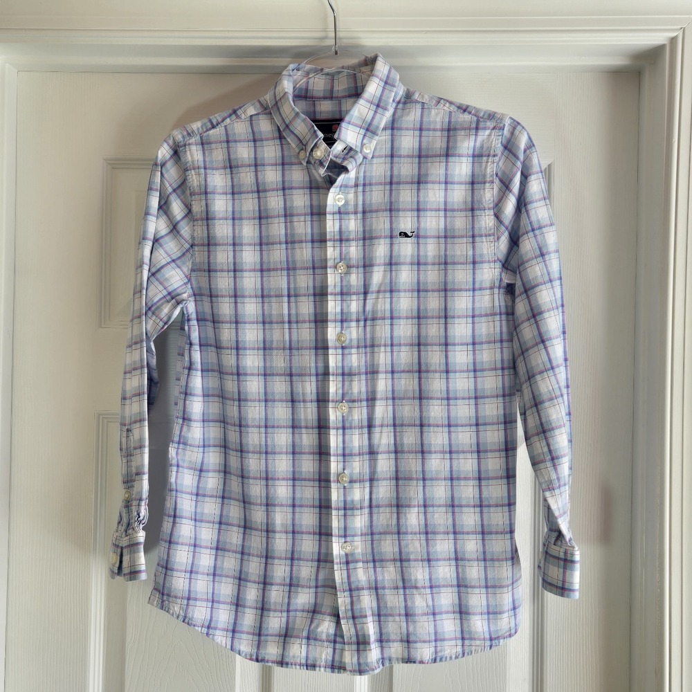 Vineyard Vines Long Sleeve Button Down Plaid Whale Shirt Boys M 12-14 Party